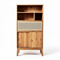 Natural wood bookshelf with woven rattan drawer and two cabinets 80 x 40 x 180cm