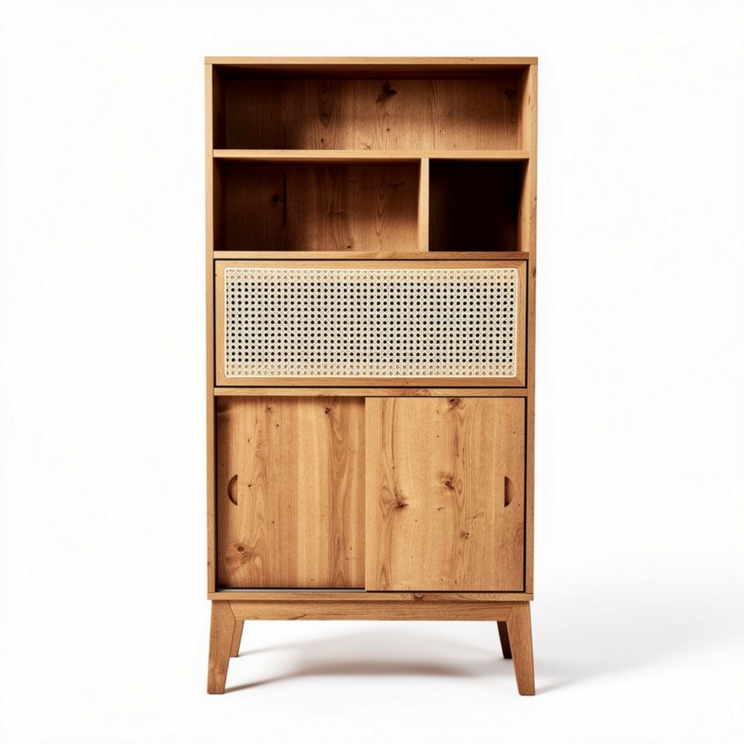 Natural wood bookshelf with woven rattan drawer and two cabinets 80 x 40 x 180cm