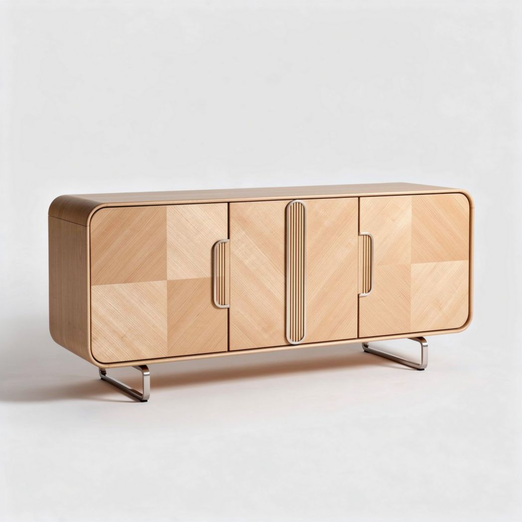 Wooden sideboard cabinet with chrome legs and geometric design 150 x 45 x 75cm
