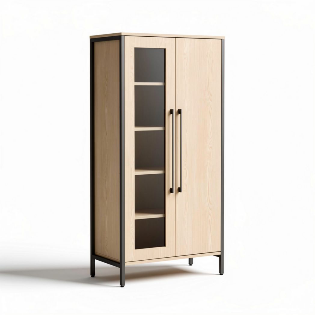 Wooden cabinet with glass doors and metal frame for storage 80 x 40 x 180cm