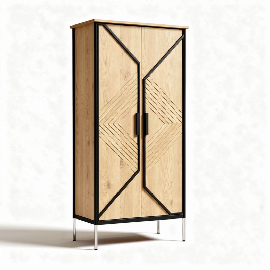 Wooden storage cabinet with geometric design and metal legs 80 x 40 x 180cm