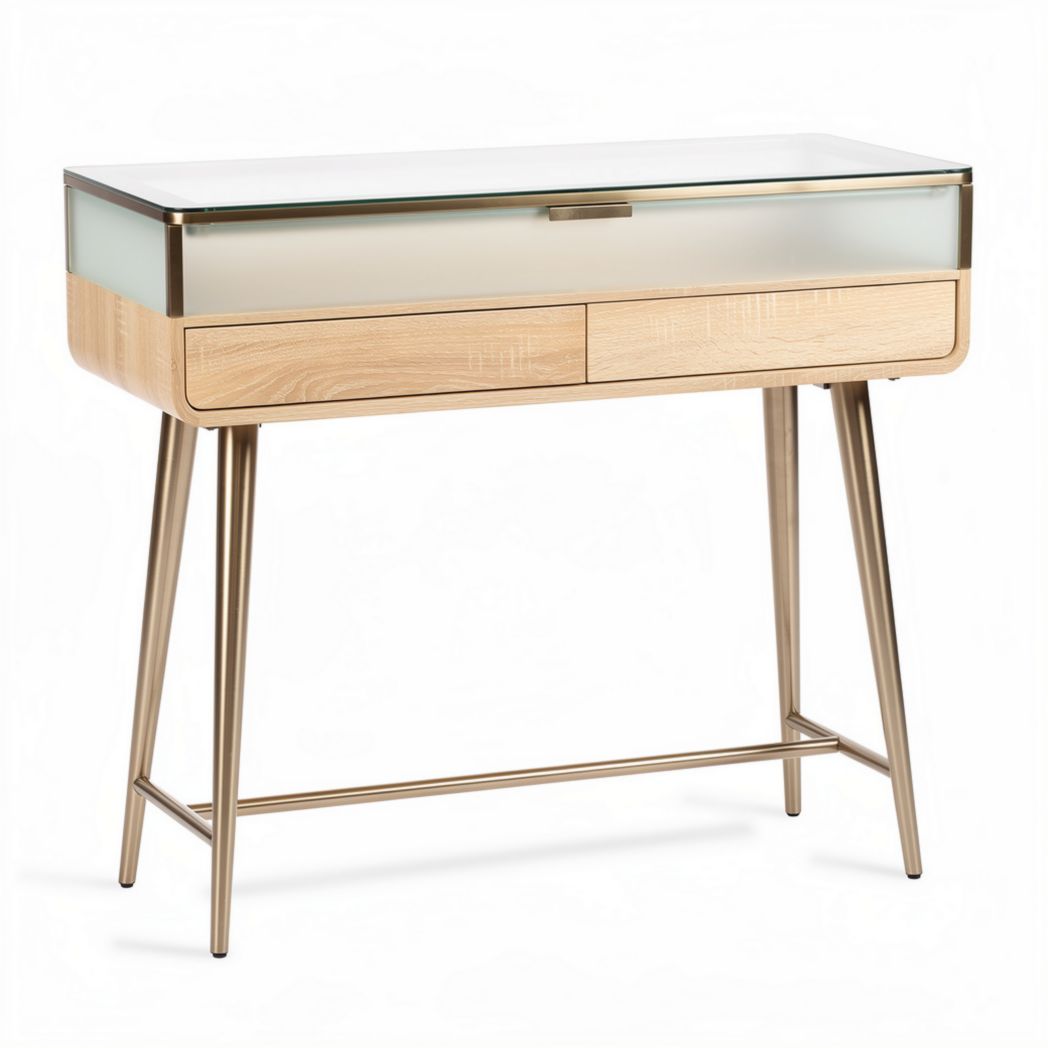 Modern console table with frosted glass top and wooden drawers 30 x 100 x 75cm