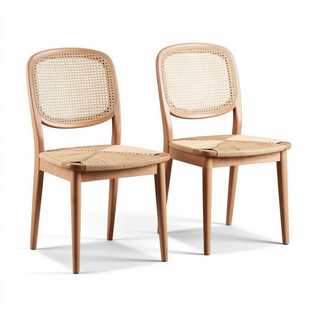 Rattan seat dining chair set with natural wood frame and ergonomic design