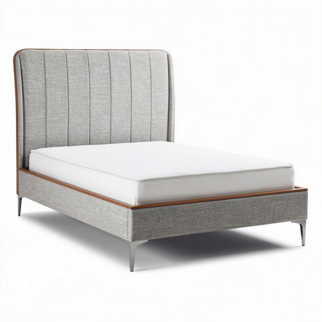 Upholstered bed frame with wooden base in gray fabric 200 x 160 x 30cm