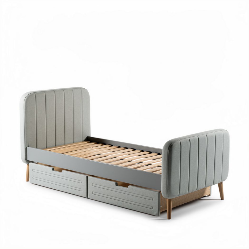 Kids bed with storage drawers and upholstered headboard in grey 150 x 80 x 50cm