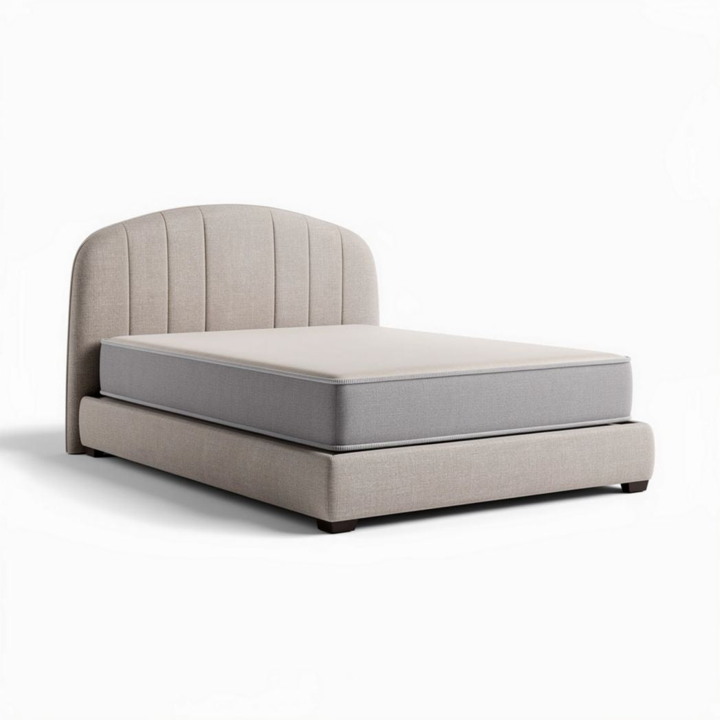 Upholstered bed frame with headboard in gray fabric and queen size 80 x 60 x 45 inches