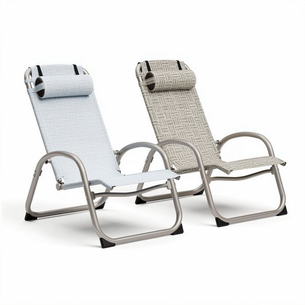 Outdoor reclining lounge chairs with adjustable headrest set of two lightweight durable fabric grey and white