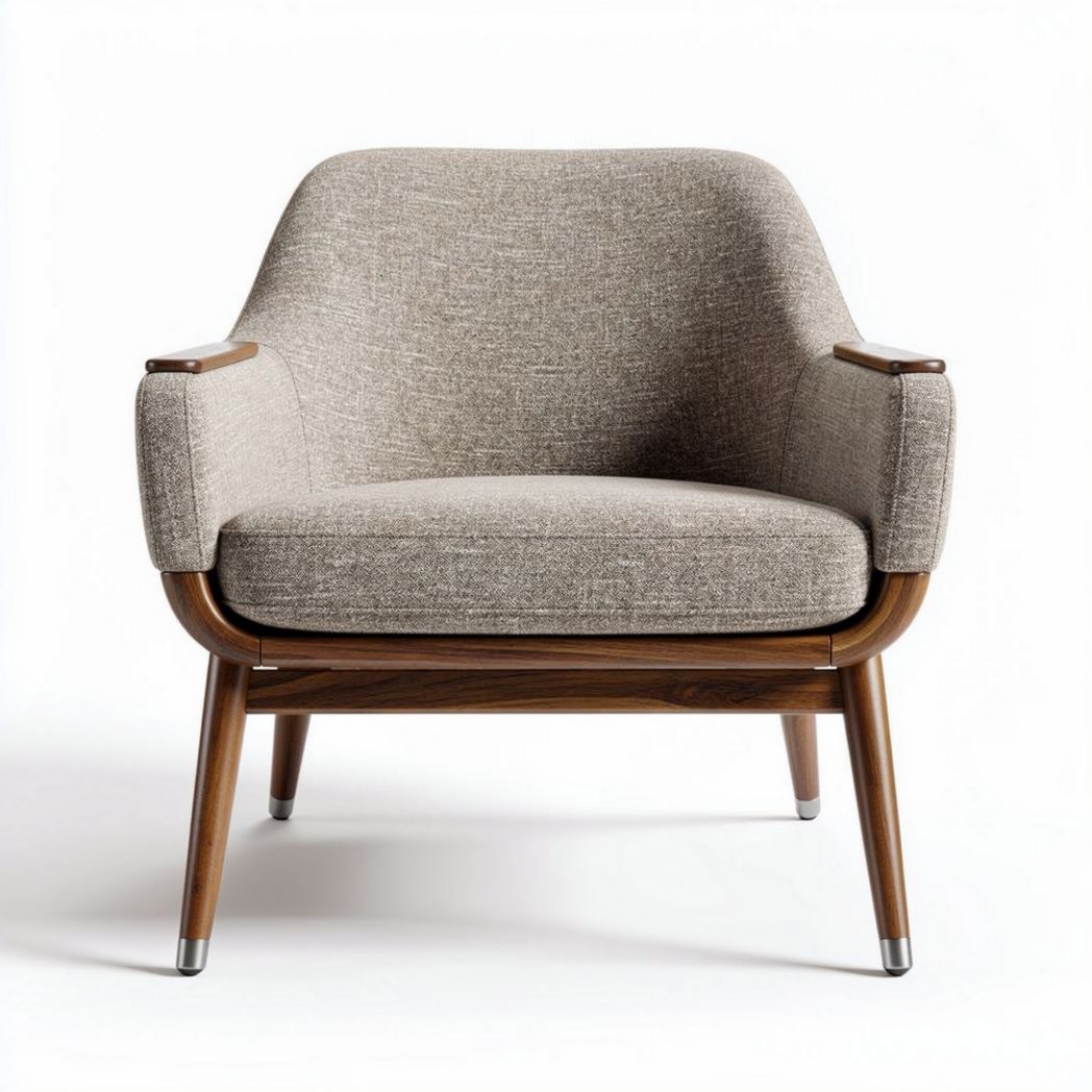 Contemporary lounge chair in beige fabric with wooden frame 75 x 75 x 80cm