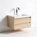 Wall-mounted bathroom vanity with ceramic sink and two storage drawers in light wood finish 60 x 45 x 20cm