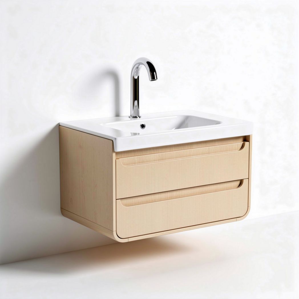Wall-mounted bathroom vanity with ceramic sink and two storage drawers in light wood finish 60 x 45 x 20cm