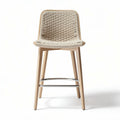 Woven bar stool with natural wood legs and chrome footrest 45 x 40 x 100cm