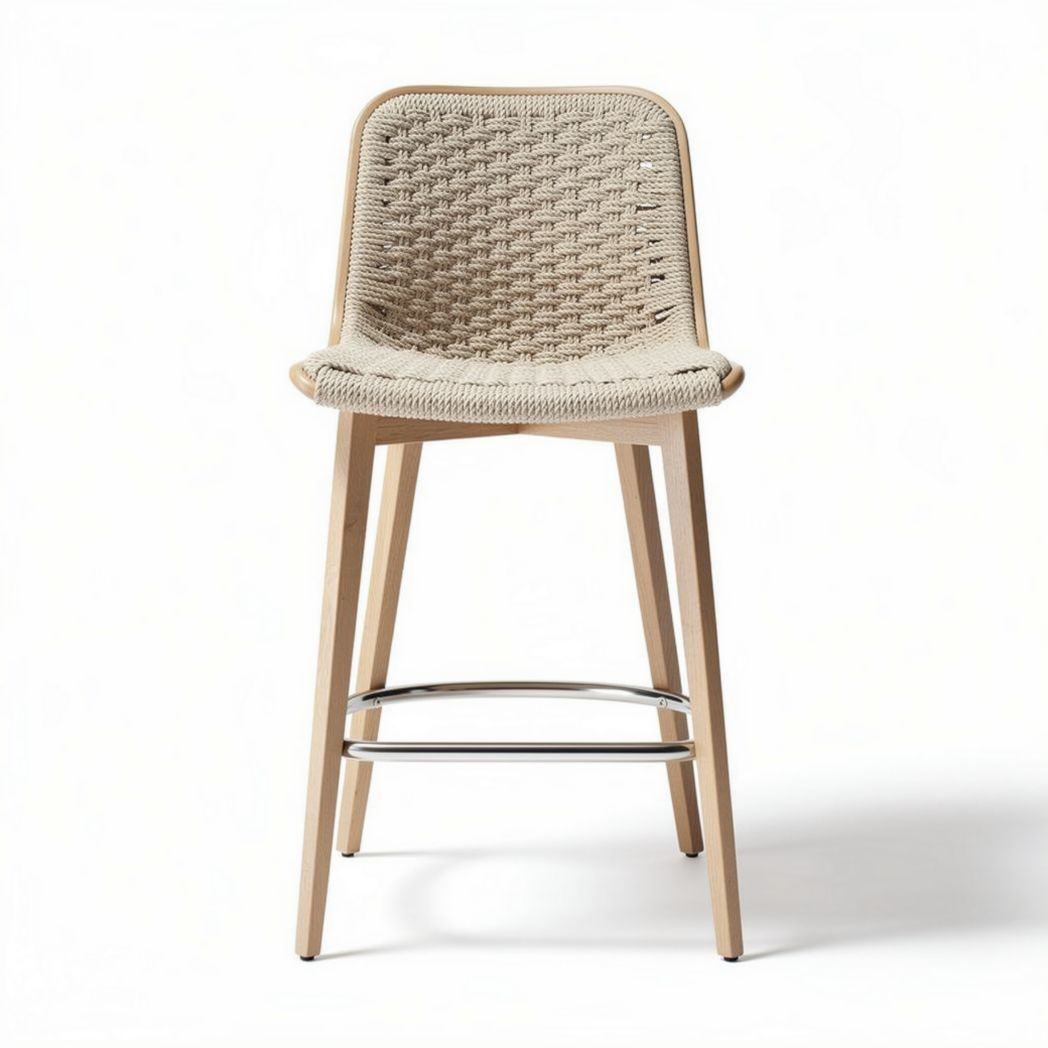 Woven bar stool with natural wood legs and chrome footrest 45 x 40 x 100cm