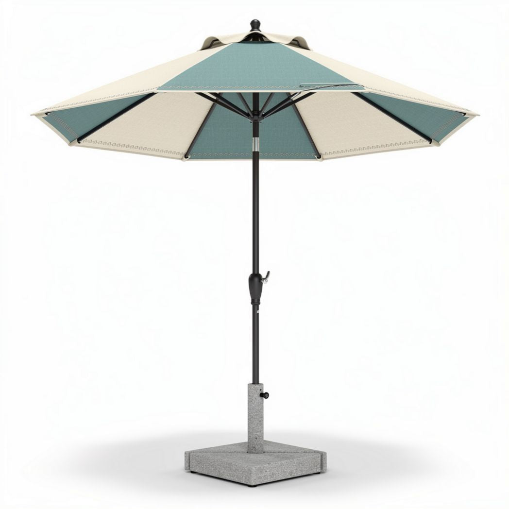 Patio umbrella with teal and beige canopy adjustable height 250 x 250 x 240cm