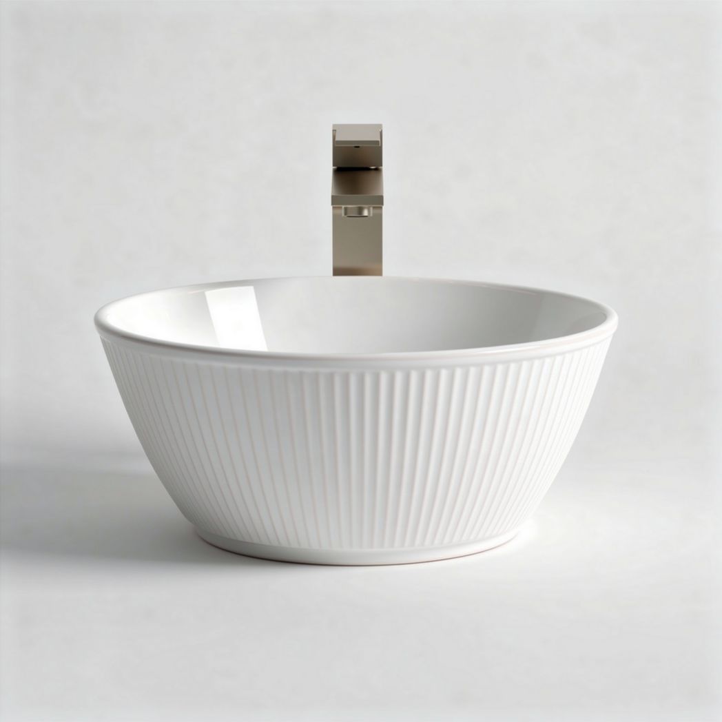 Ceramic bathroom sink bowl with ribbed design and glossy white finish 30 x 30 x 12cm