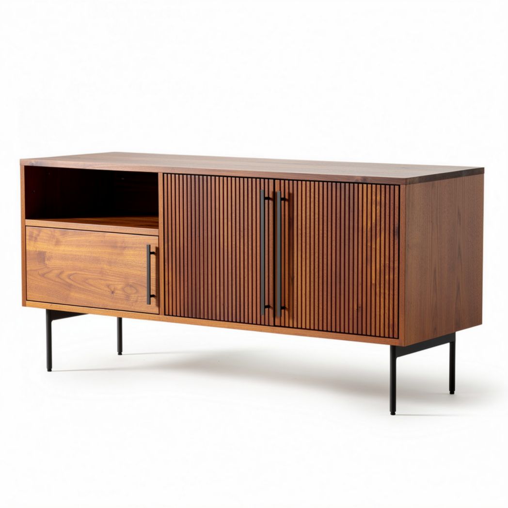 Wooden media console with storage drawers and slatted doors 150 x 45 x 60cm